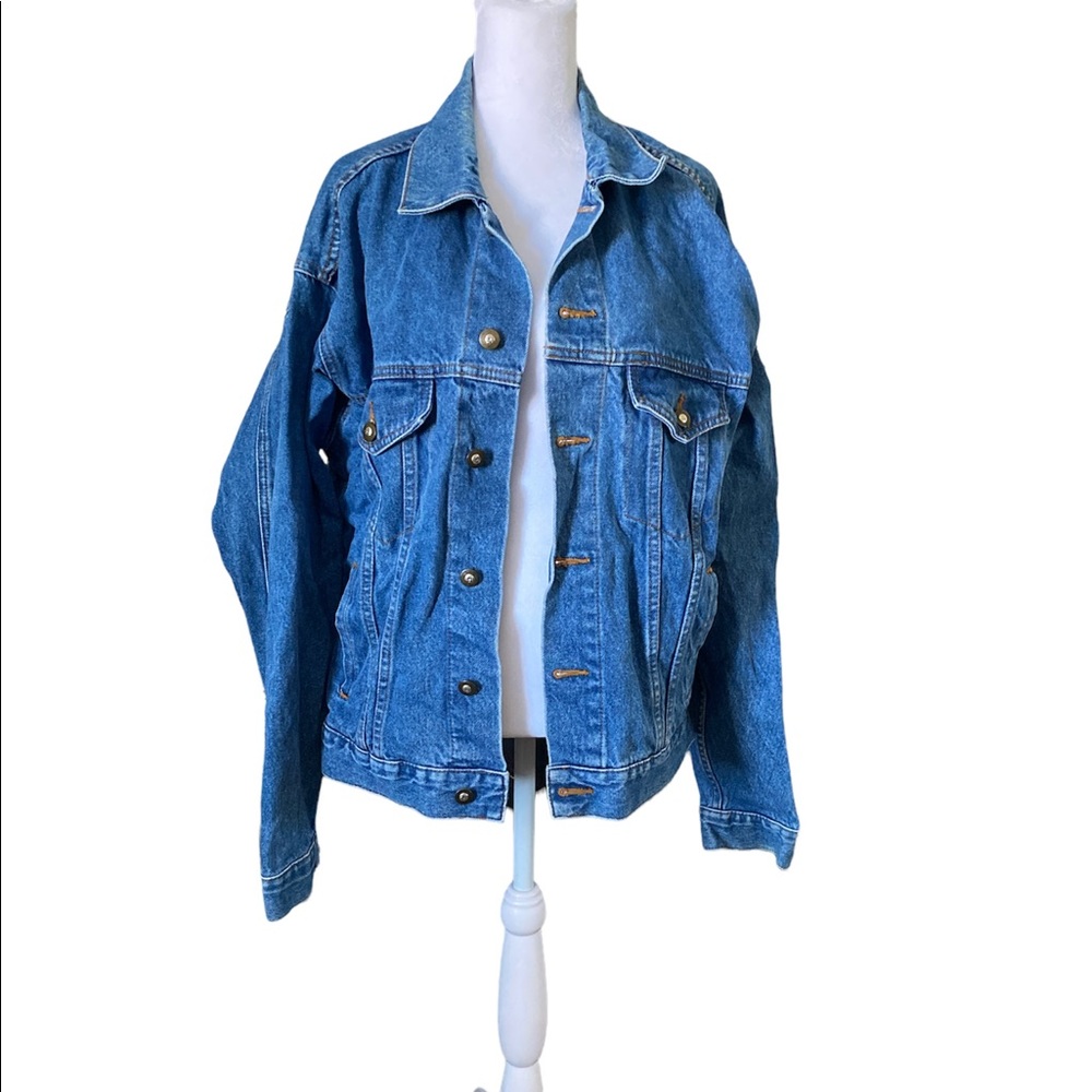 90s Vintage Trinity Made at the Beach Oversized Blue Denim Jacket Buttons sz XL